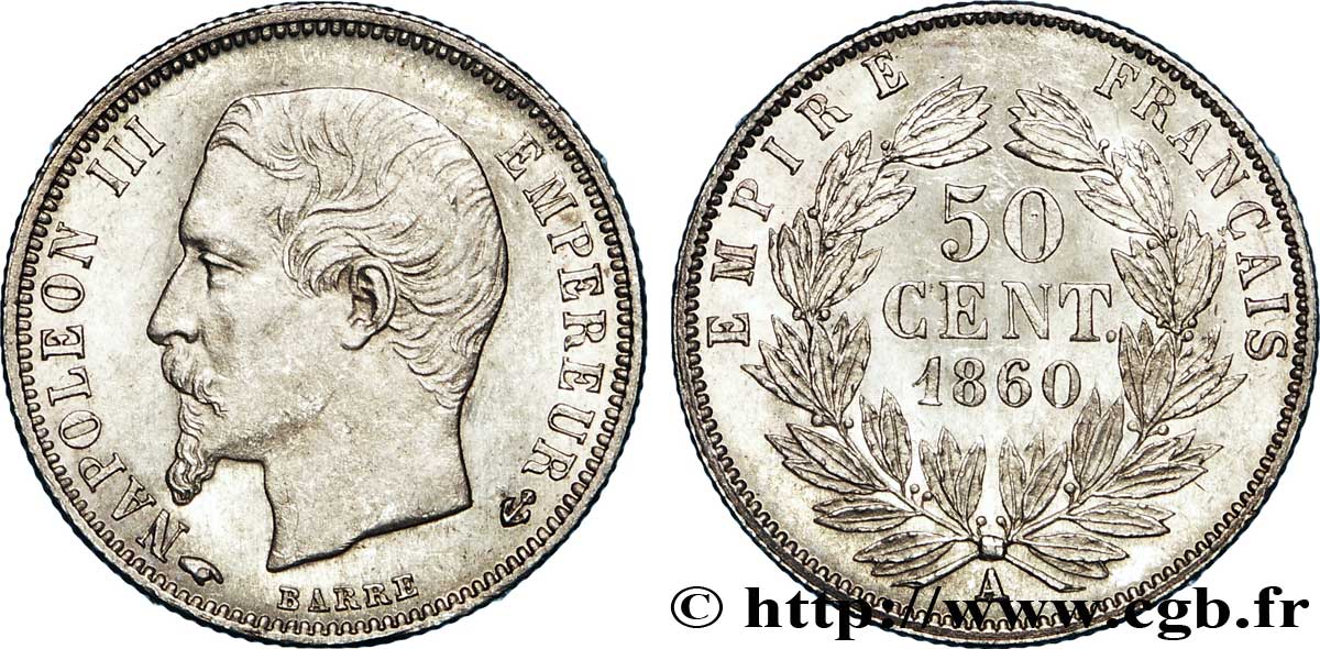 50 centimes Napoléon III, tête nue 1860 Paris F.187/13 SPL62 