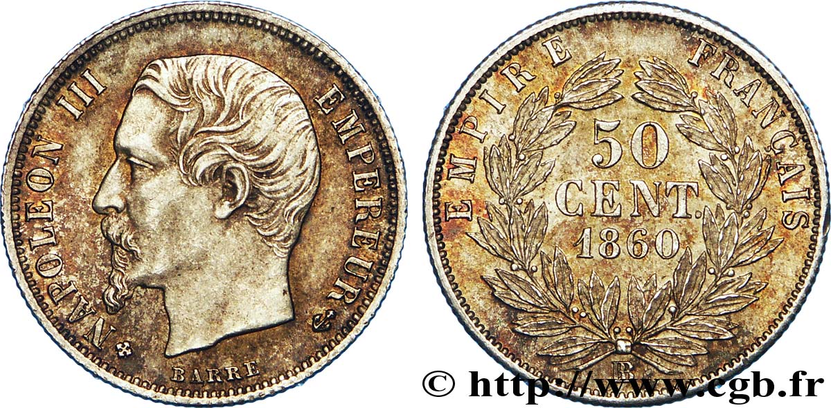 50 centimes Napoléon III, tête nue, différent croix 1860 Strasbourg F.187/15 SUP58 