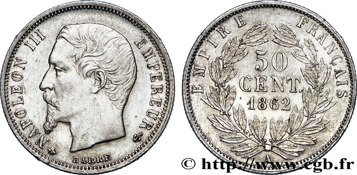50 centimes Napoléon III, tête nue 1862 Paris F.187/16 SUP60 