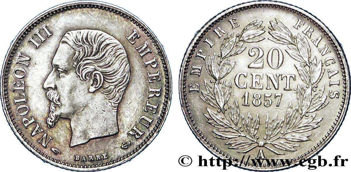 20 centimes Napoléon III, tête nue 1857 Paris F.148/7 SUP58 