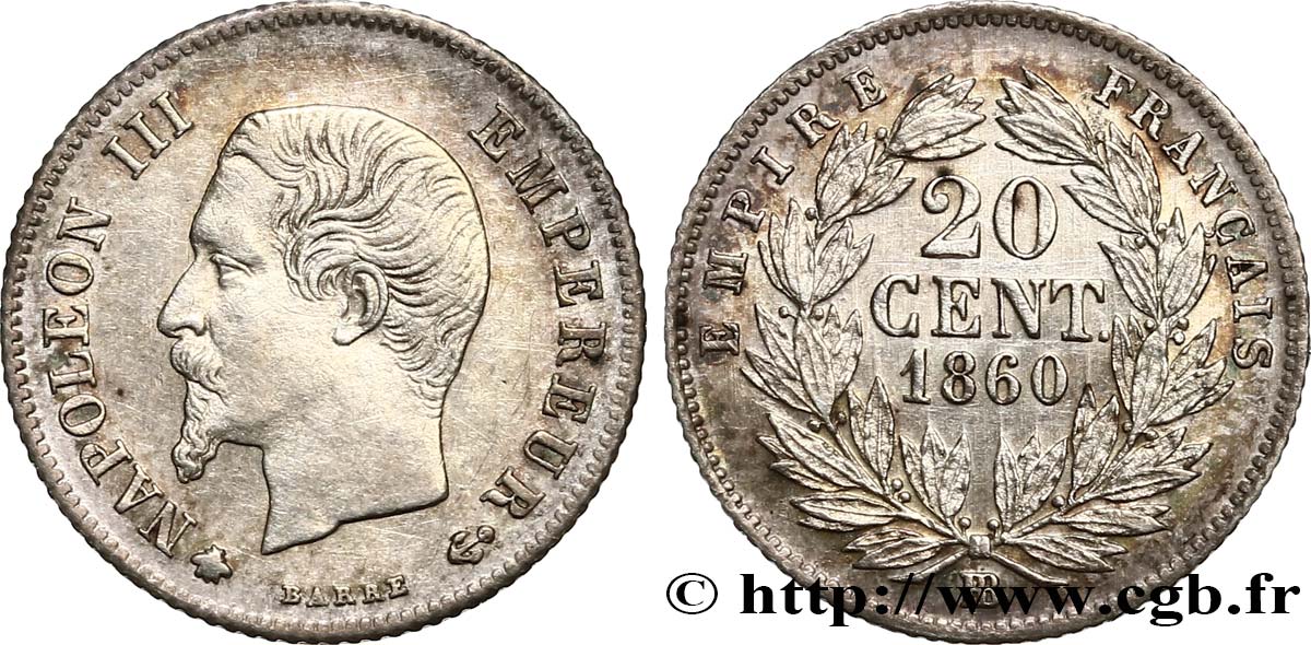 20 centimes Napoléon III, tête nue 1860 Strasbourg F.148/16 SPL62 