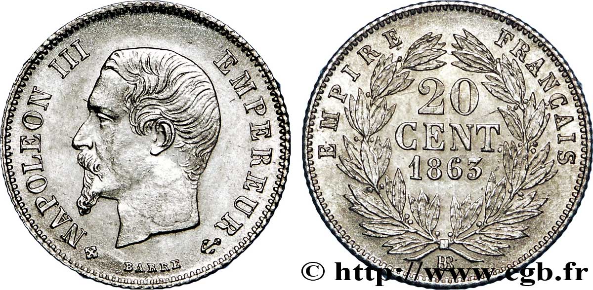 20 centimes Napoléon III, tête nue 1863 Strasbourg F.148/18 SUP60 