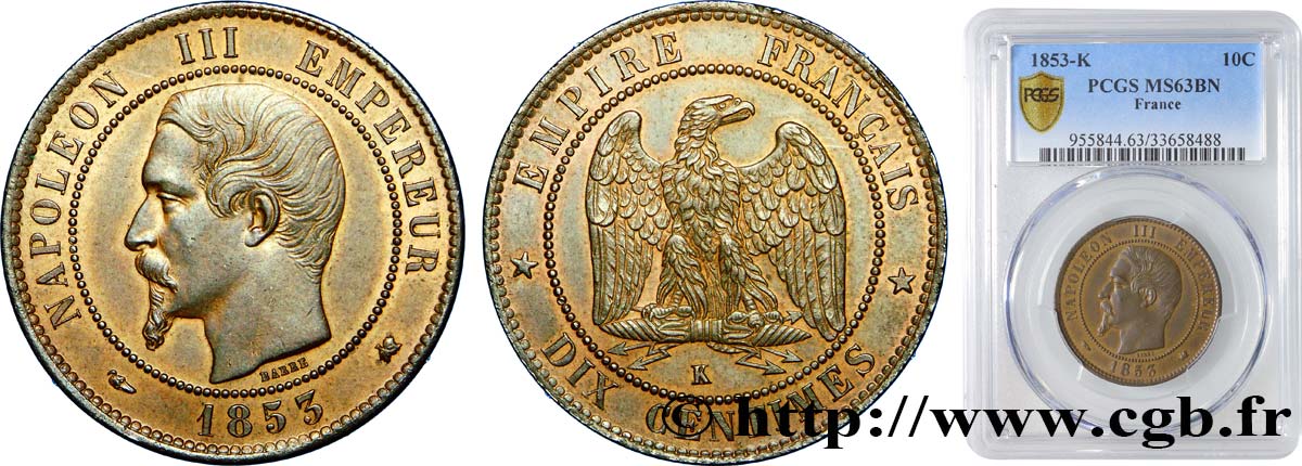 Dix centimes Napoléon III, tête nue 1853 Bordeaux F.133/7 fST63 PCGS
