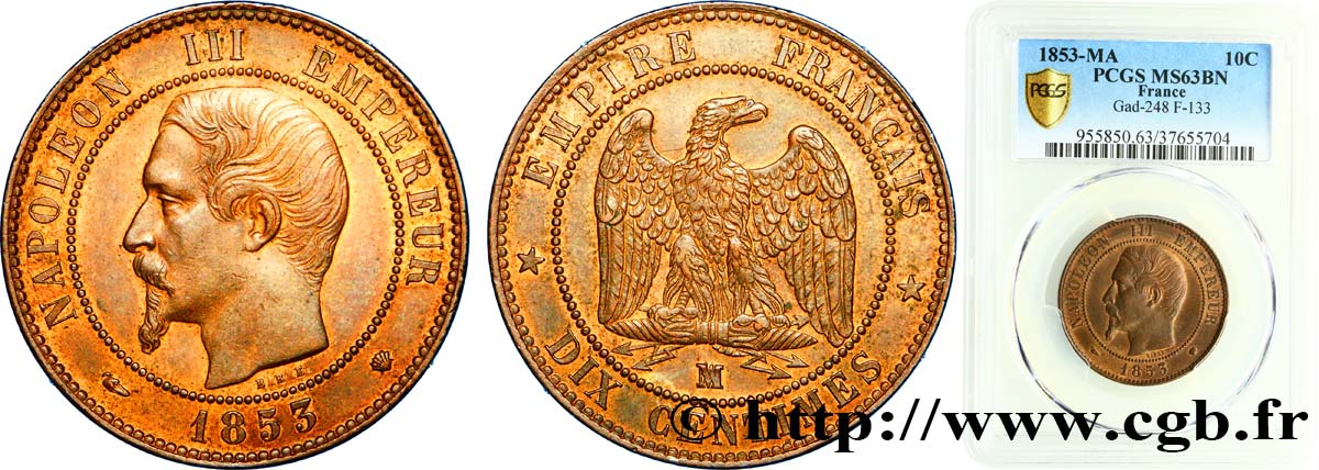 Dix centimes Napoléon III, tête nue 1853 Marseille F.133/8 SC63 PCGS