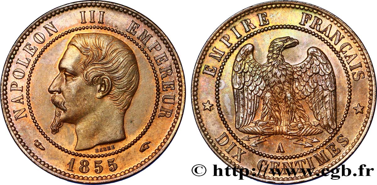 Dix centimes Napoléon III, tête nue 1855 Paris F.133/19 SPL58 