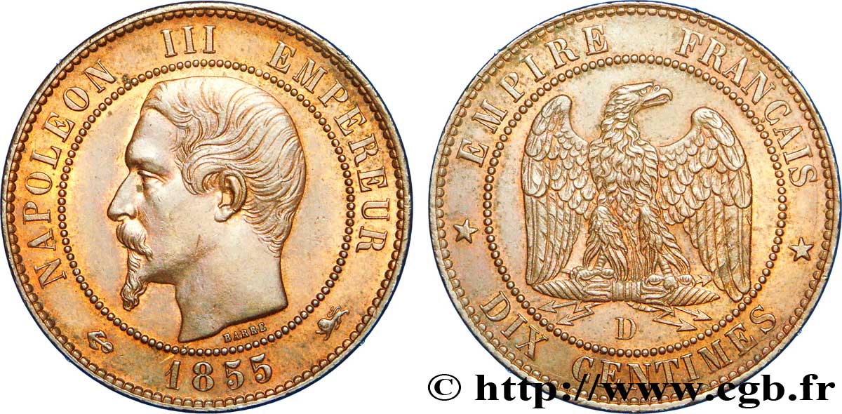 Dix centimes Napoléon III, tête nue 1855 Lyon F.133/26 EBC60 