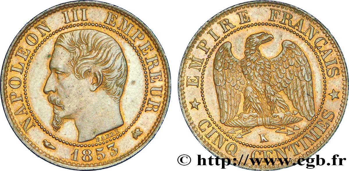 Cinq centimes Napoléon III, tête nue 1853 Bordeaux F.116/5 VZ60 