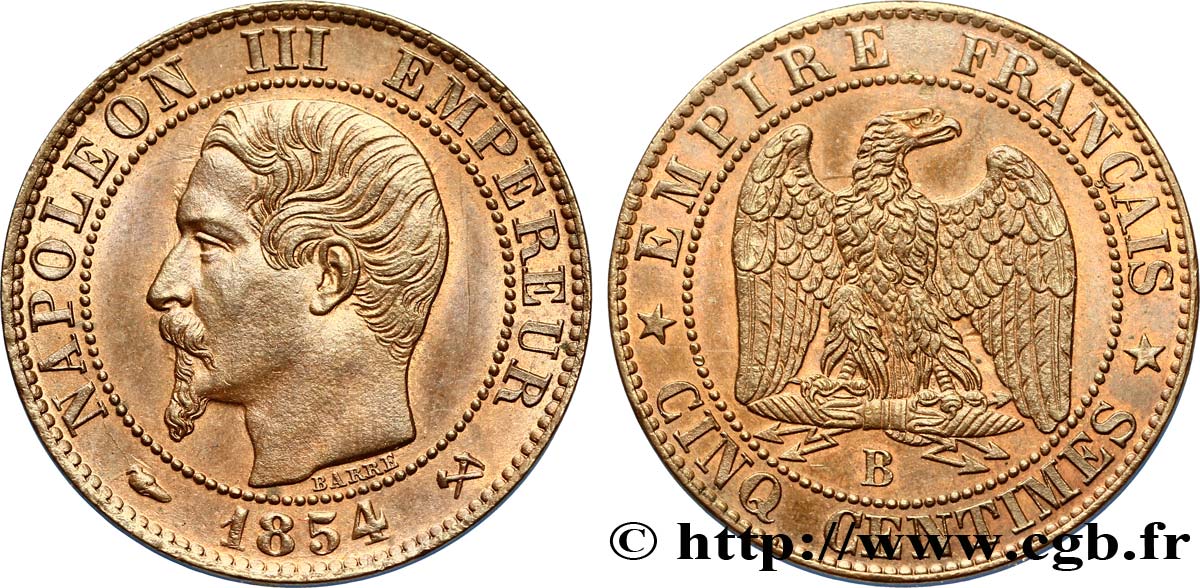 Cinq centimes Napoléon III, tête nue 1854 Rouen F.116/9 MS60 