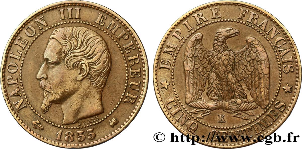 Cinq centimes Napoléon III, tête nue 1855 Bordeaux F.116/25 TTB48 