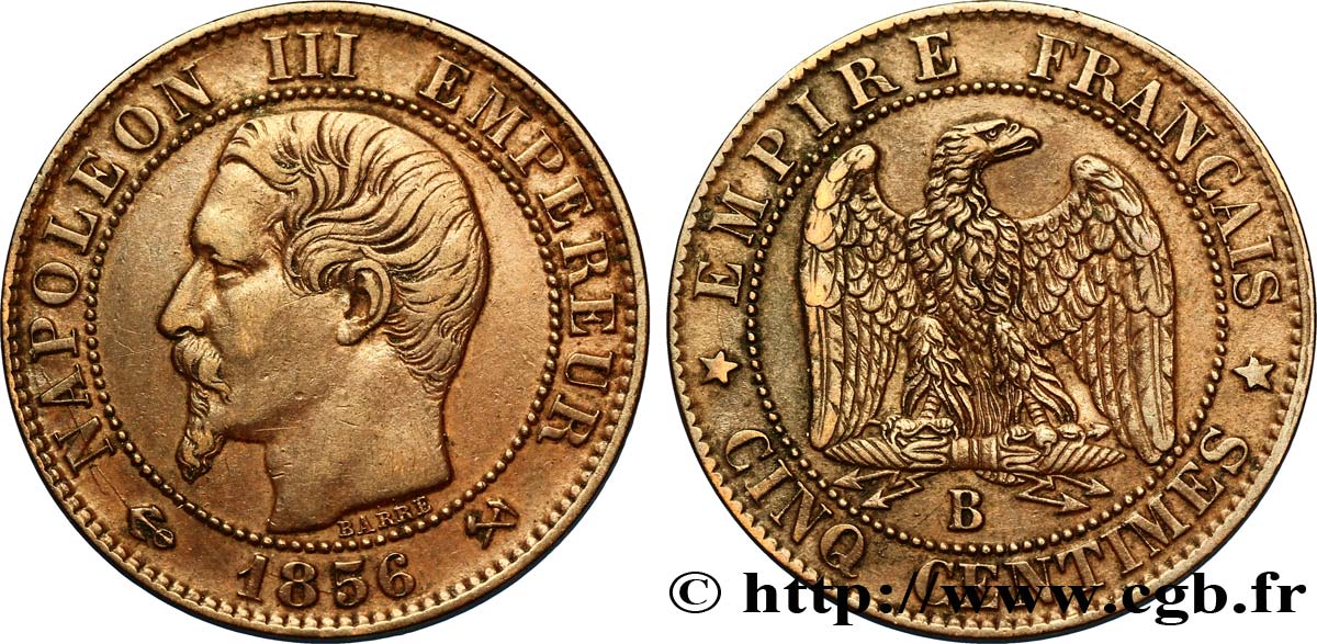 Cinq centimes Napoléon III, tête nue 1856 Rouen F.116/31 AU50 