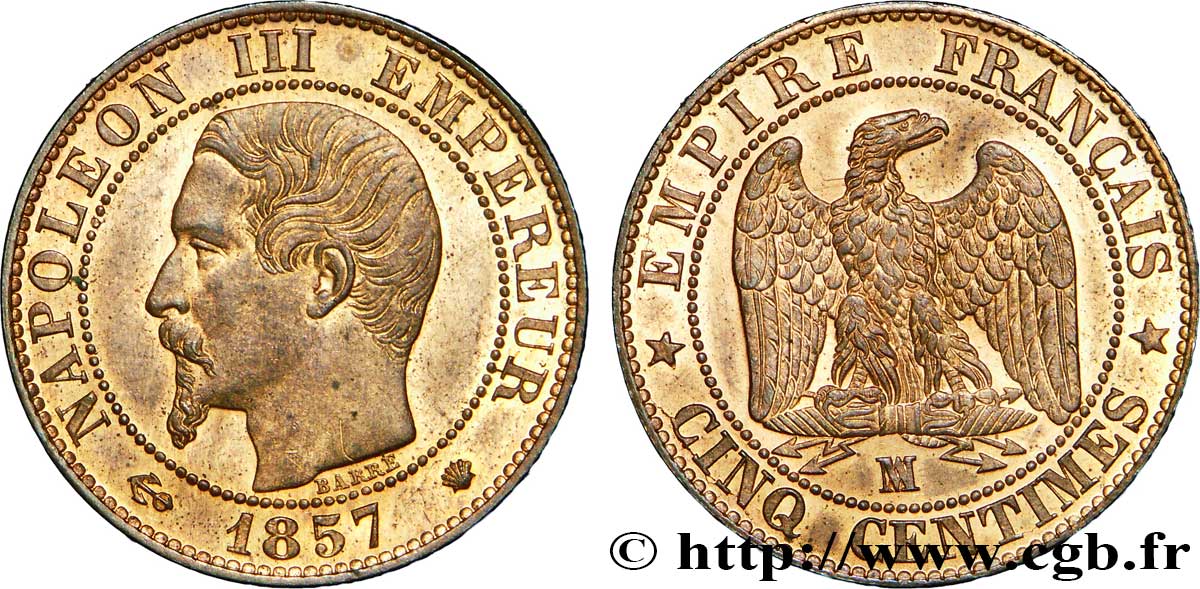 Cinq centimes Napoléon III, tête nue 1857 Marseille F.116/42 VZ58 