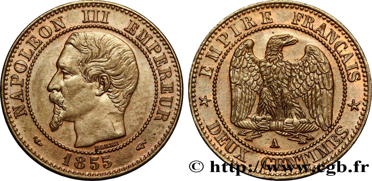 Deux centimes Napoléon III, tête nue 1855 Paris F.107/19 SUP58 