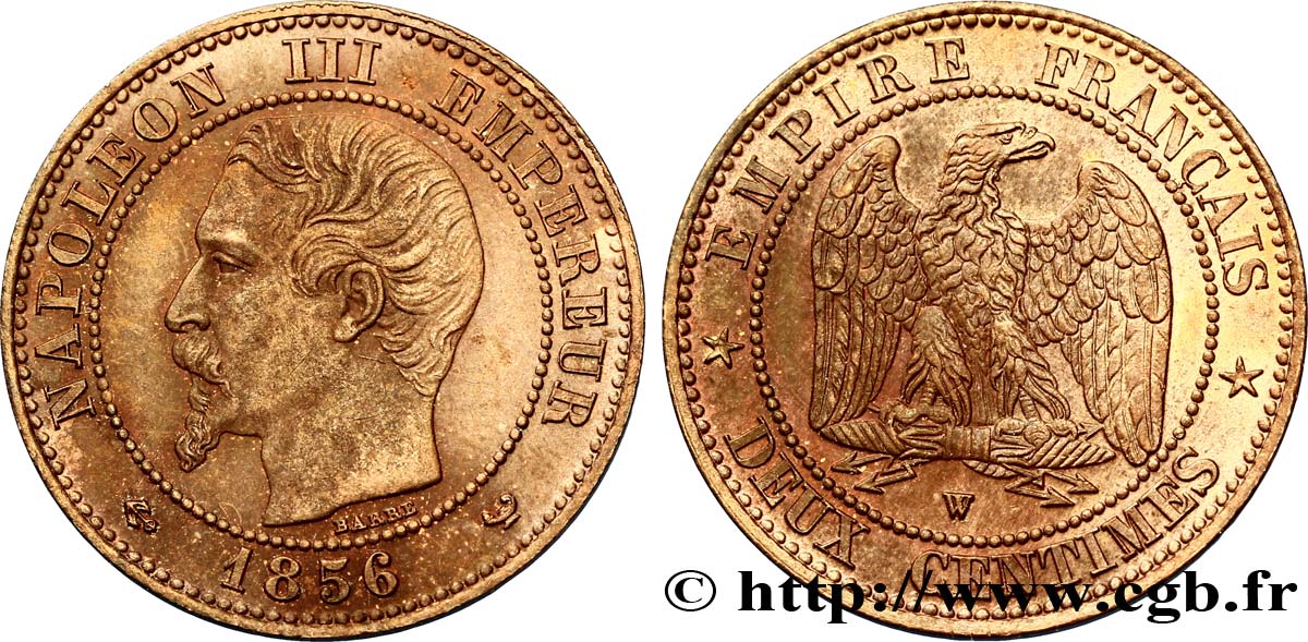 Deux centimes Napoléon III, tête nue 1856 Lille F.107/43 MS60 