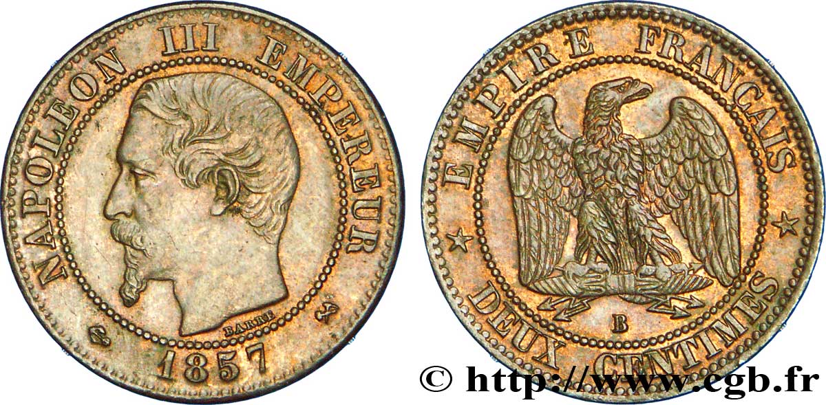 Deux centimes Napoléon III, tête nue 1857 Rouen F.107/45 AU58 