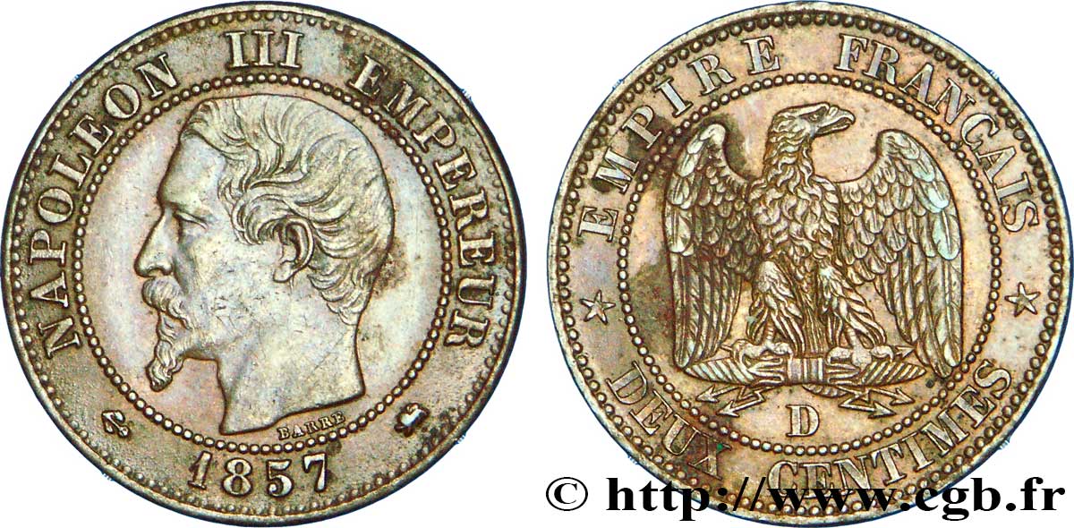 Deux centimes Napoléon III, tête nue 1857 Lyon F.107/47 TTB50 