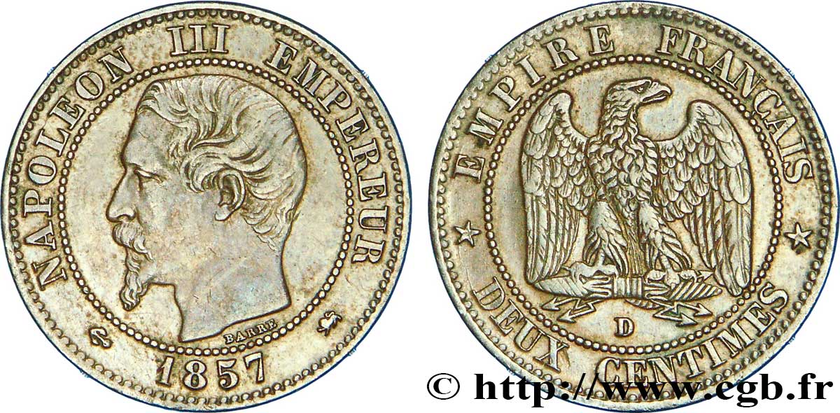 Deux centimes Napoléon III, tête nue 1857 Lyon F.107/48 TTB48 