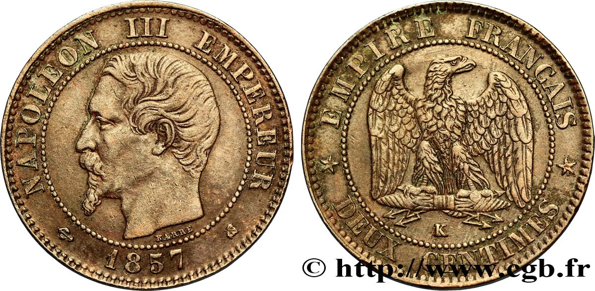 Deux centimes Napoléon III, tête nue 1857 Bordeaux F.107/49 MBC48 