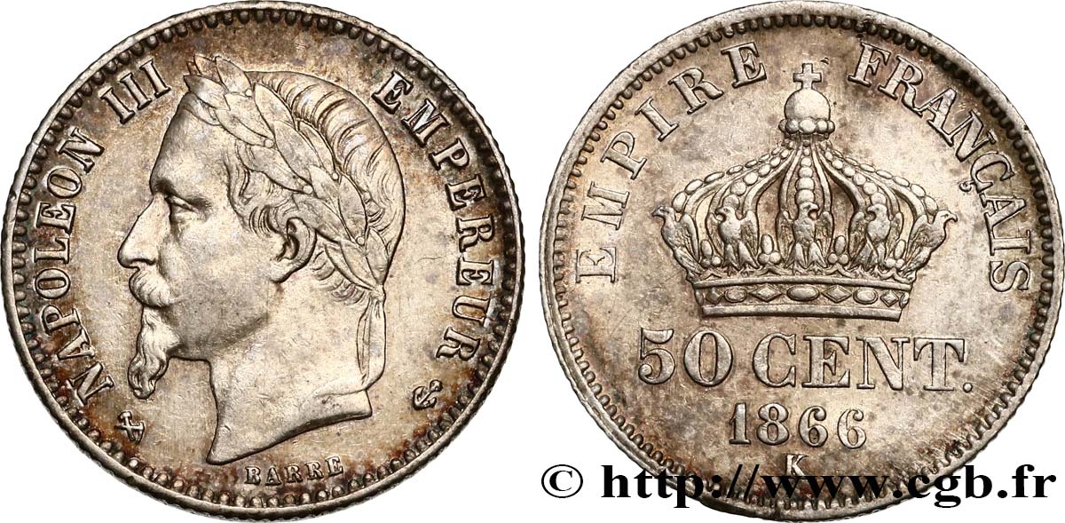 50 centimes Napoléon III, tête laurée 1866 Bordeaux F.188/11 AU53 