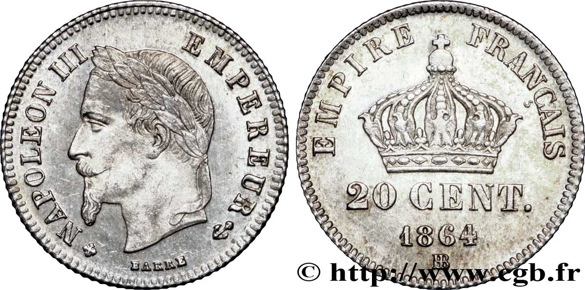20 centimes Napoléon III, tête laurée, petit module 1864 Strasbourg F.149/2 SPL64 