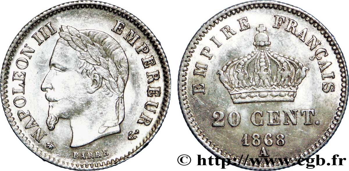 20 centimes Napoléon III, tête laurée, grand module 1868 Paris F.150/4 VZ62 