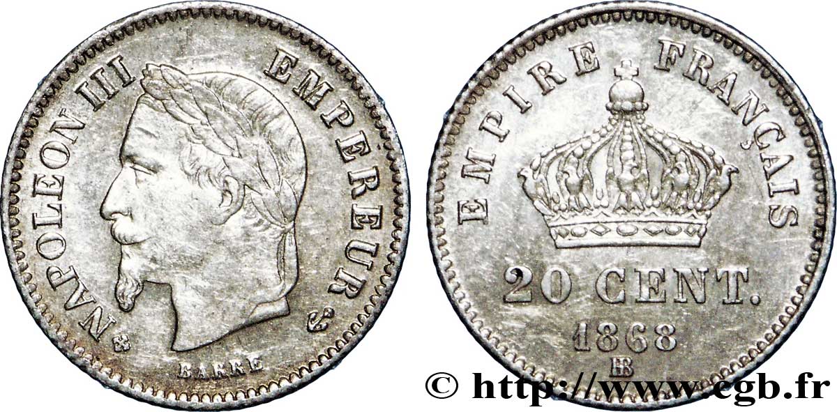 20 centimes Napoléon III, tête laurée, grand module 1868 Strasbourg F.150/5 TTB52 
