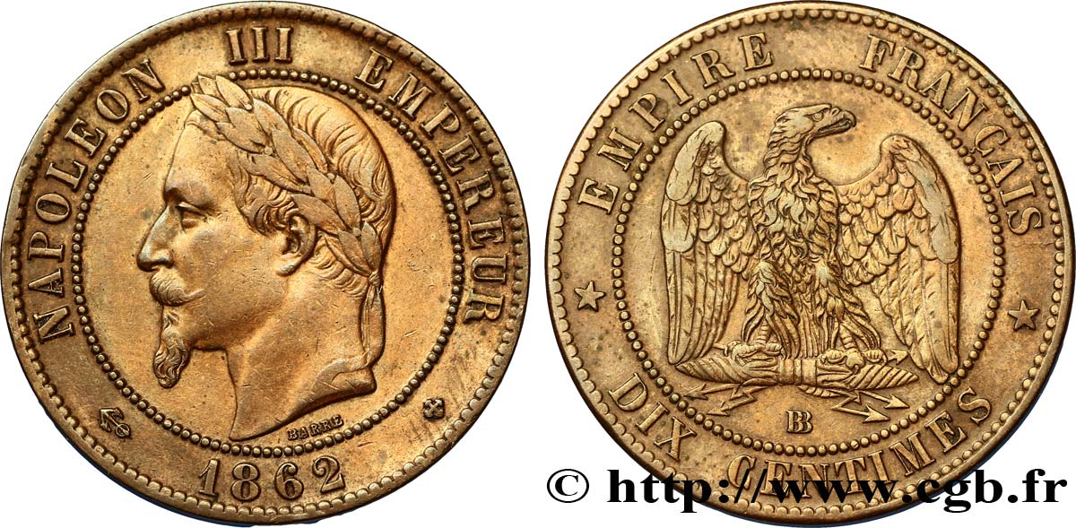 Dix centimes Napoléon III, tête laurée 1862 Strasbourg F.134/8 XF48 