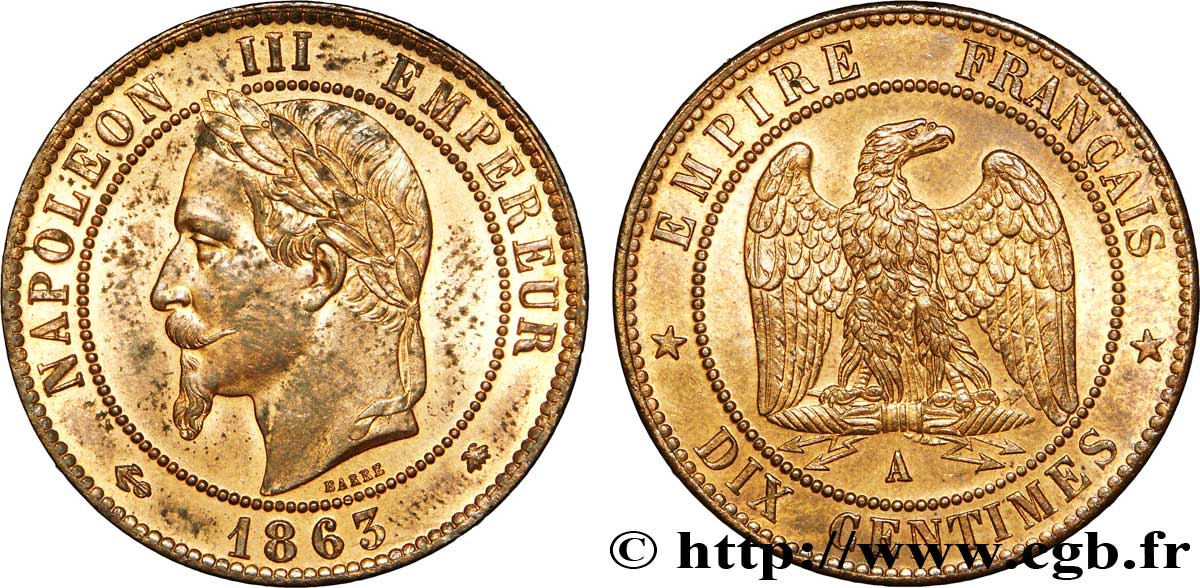 Dix centimes Napoléon III, tête laurée 1863 Paris F.134/10 SUP60 