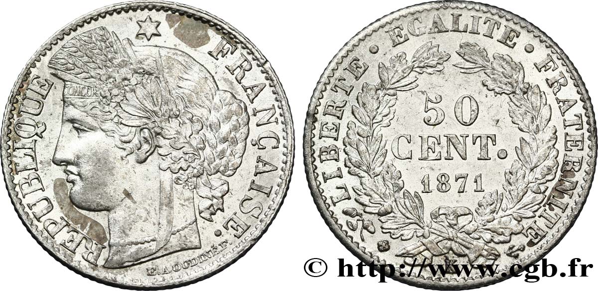 50 centimes Cérès, Troisième République 1871 Bordeaux F.189/2 SPL58 