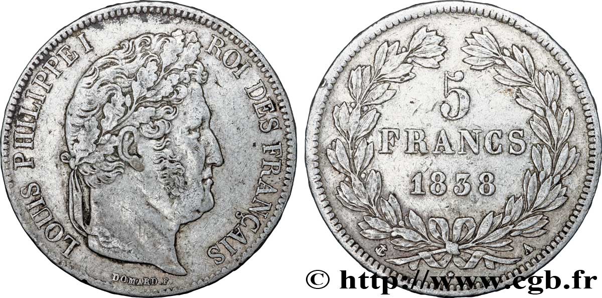 5 francs IIe type Domard 1838 Paris F.324/68 XF45 
