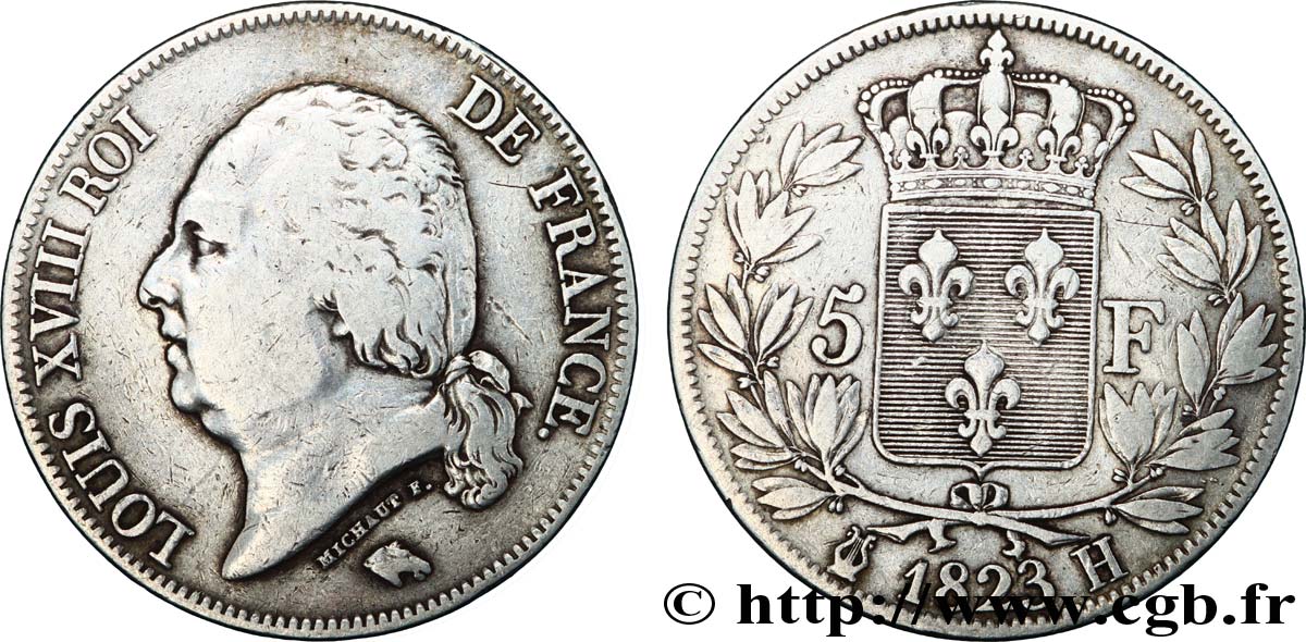 5 francs Louis XVIII, tête nue 1823 La Rochelle F.309/80 TB30 