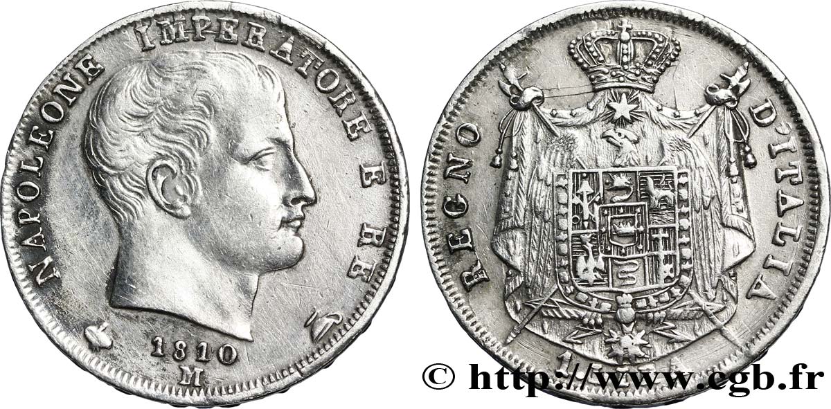 1 lira Napoléon Empereur et Roi d’Italie, étoiles en creux sur la tranche 1810 Milan M.255  SUP58 