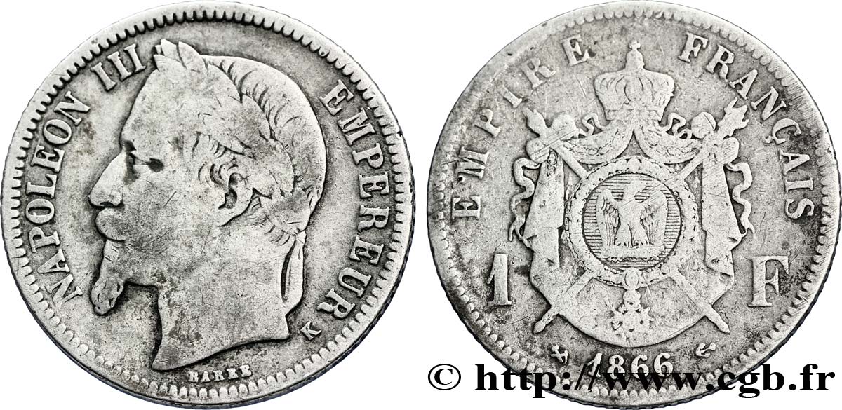 1 franc Napoléon III, tête laurée 1866 Bordeaux F.215/5 TB20 