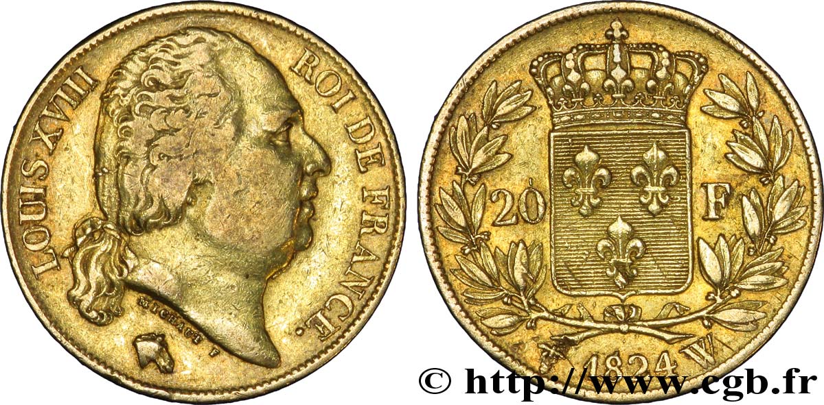 20 francs or Louis XVIII, tête nue 1824 Lille F.519/34 SS40 
