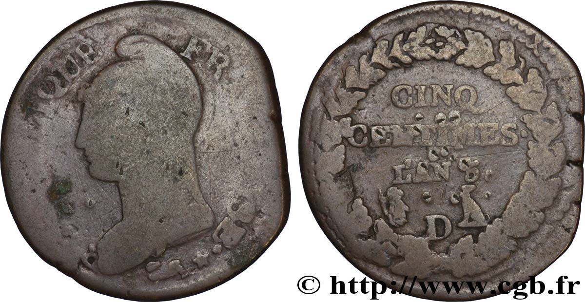 Cinq centimes Dupré, grand module, bord de lame 1797 Lyon F.115/22 var. B8 