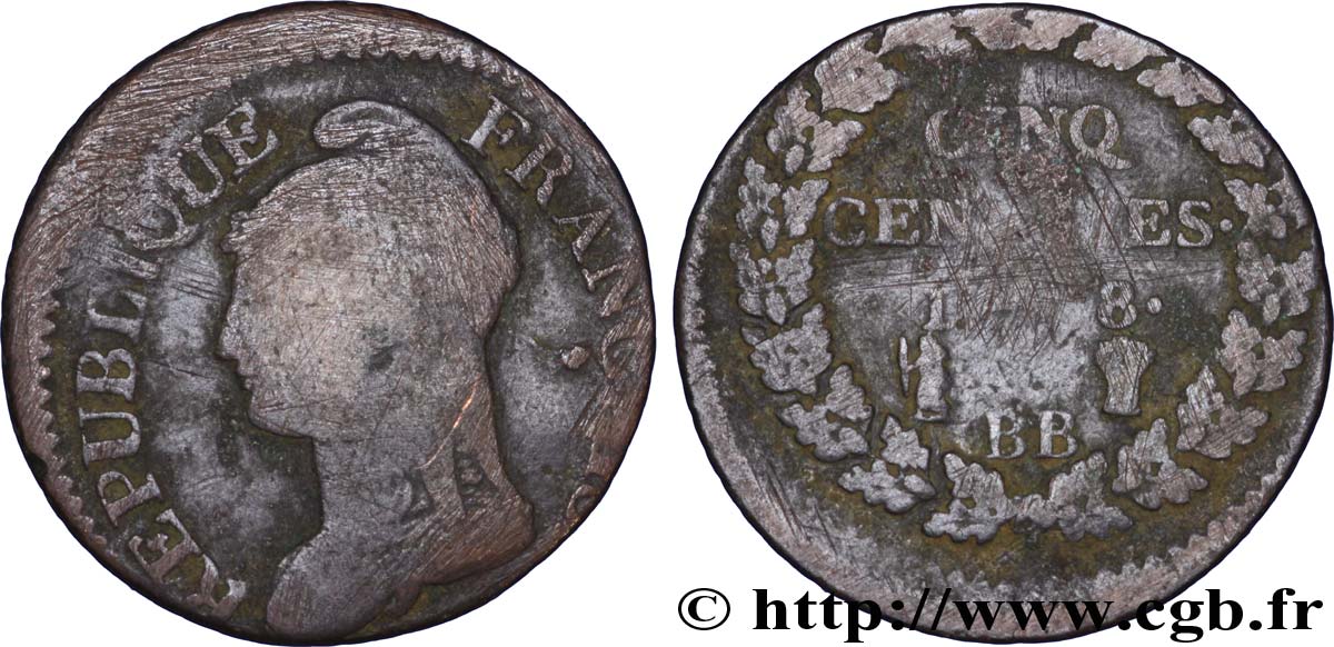 Cinq centimes Dupré, grand module, frappe décentrée 1800 Strasbourg F.115/117 var. B10 