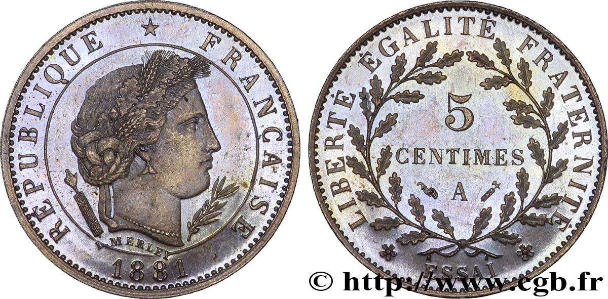 Essai de 5 centimes par Merley  1881 Paris VG.3979  SPL64 