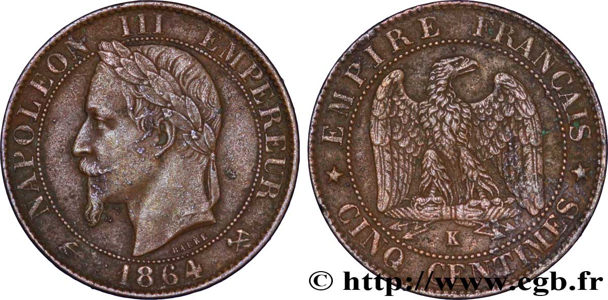 Cinq centimes Napoléon III, tête laurée 1864 Bordeaux F.117/15 TTB48 