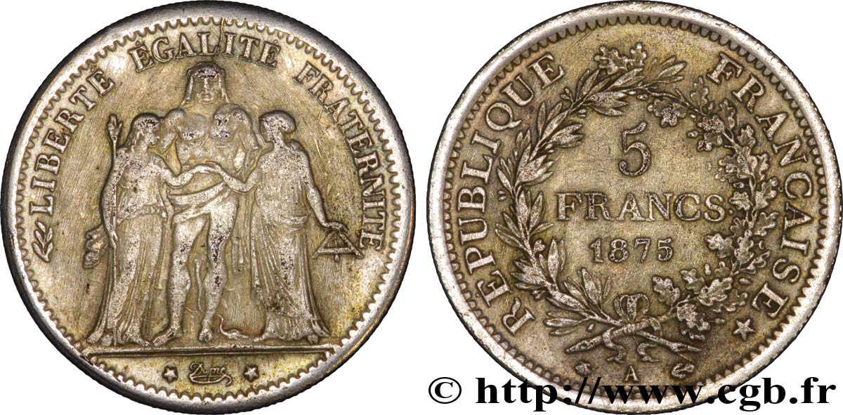 Faux de 5 francs Hercule, tranche striée, frappe médaille 1875 Paris F.334/14 var. TTB45 