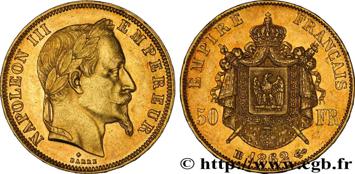 50 francs or Napoléon III, tête laurée 1862 Strasbourg F.548/2 AU55 