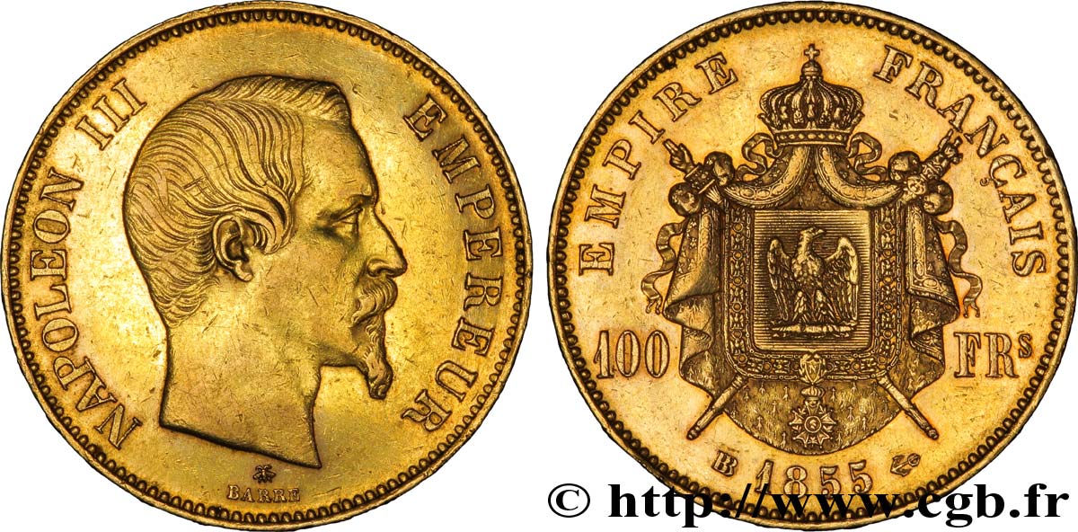 100 francs or Napoléon III, tête nue 1855 Strasbourg F.550/2 TTB45 