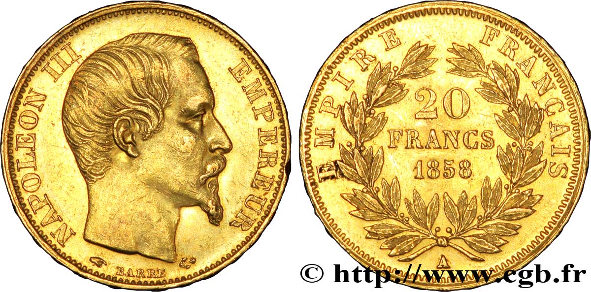 20 francs or Napoléon III, tête nue 1858 Paris F.531/13 AU55 