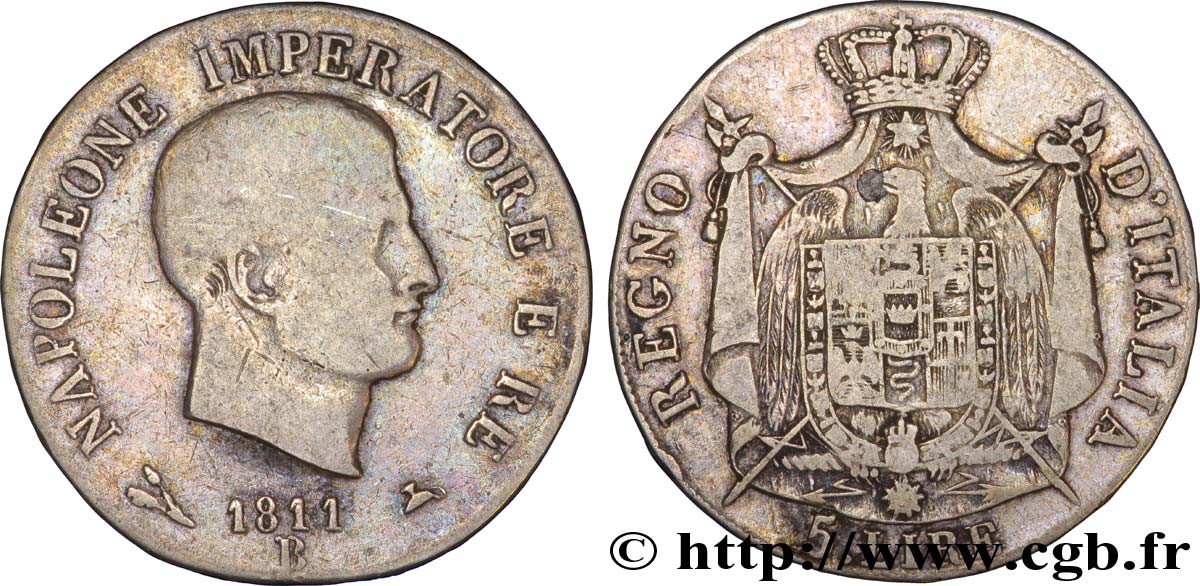 5 lire Napoléon Empereur et Roi d’Italie, 1er type, tranche en relief 1811 Bologne M.80  TB30 