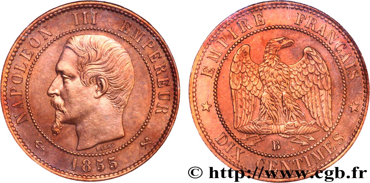 Dix centimes Napoléon III, tête nue 1855 Rouen F.133/22 MS62 