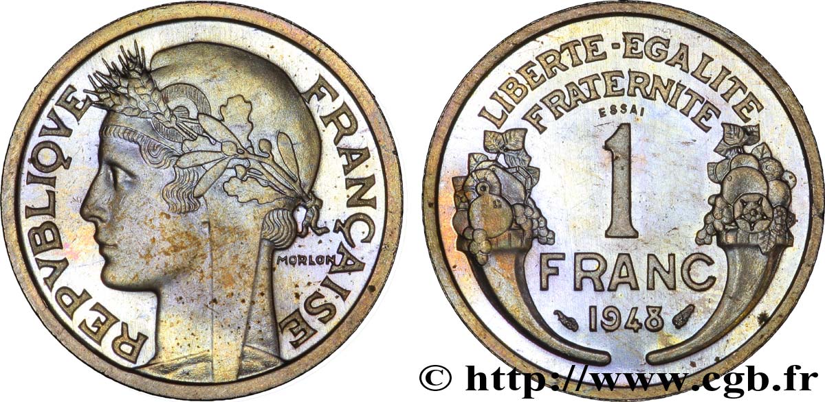 Essai de 1 franc Morlon, cupro-nickel, léger à 6 g 1948 Paris F.221/13 var. MS63 