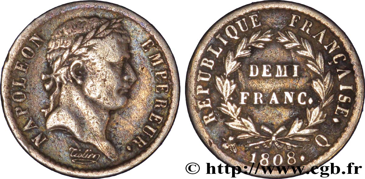 Demi-franc Napoléon Ier tête laurée, République française, buste fin 1808 Perpignan F.177/13 BB45 