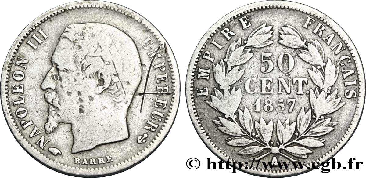 50 centimes Napoléon III, tête nue 1857 Paris F.187/8 VF20 