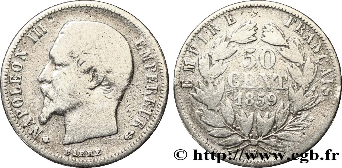 50 centimes Napoléon III, tête nue 1859 Strasbourg F.187/11 F15 