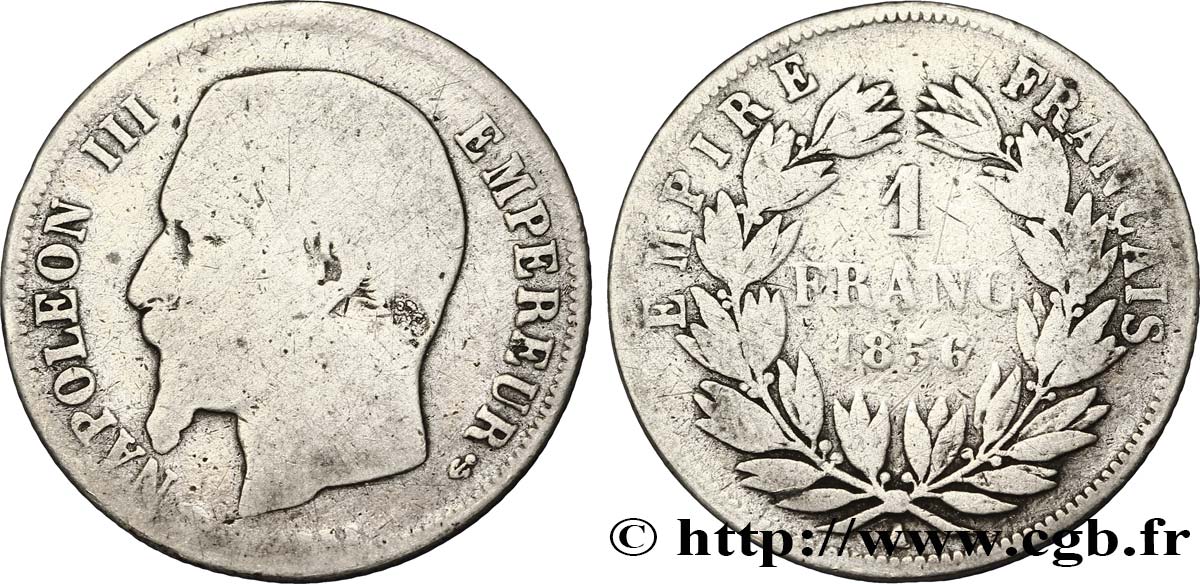 1 franc Napoléon III, tête nue 1856 Paris F.214/6 VG10 