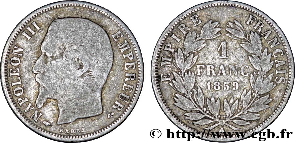 1 franc Napoléon III, tête nue  1859 Paris F.214/12 B10 