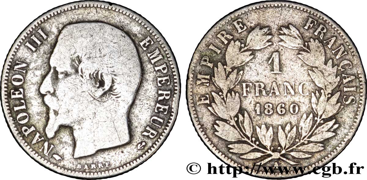 1 franc Napoléon III, tête nue, différent main 1860 Paris F.214/14 VG10 